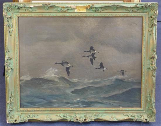 § Keith Shackleton (1923-) Geese in flight over the sea, 20 x 27in.